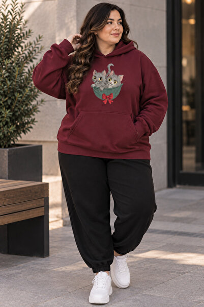 Rubonia Women's Plus Size Cat Printed Hooded 2-Piece Tracksuit Set Oversize C...