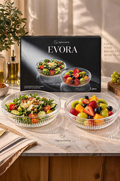 Sigma Home Evora - 2'li Şeffaf Cam Salata Meyve Kasesi - Servis Sunum 18 cm