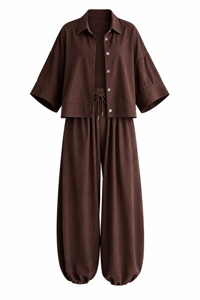 Laluvia Brown Snap Detailed Elastic Cuffed Poncho Set - 4181
