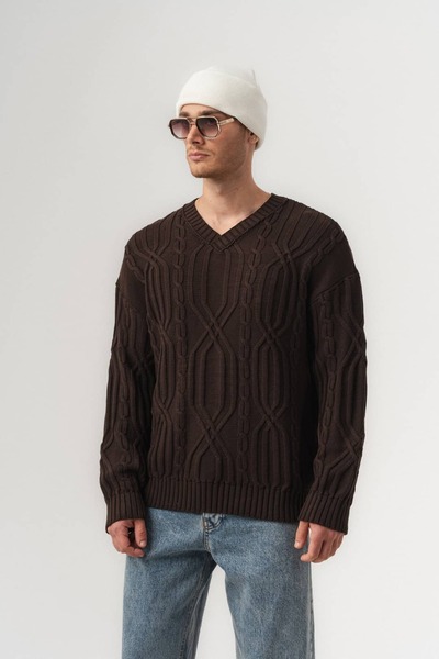 go gang own Braid V-Neck Embossed Knit Thessaloniki Knitwear Men's Sweater