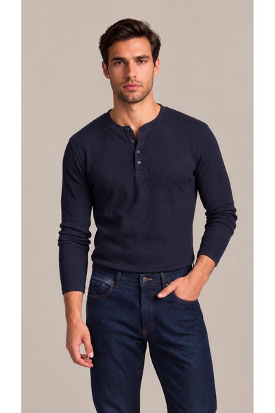 viyamen Men's Long Sleeve Ribbed Buttoned Collar Slim Fit T-Shirt