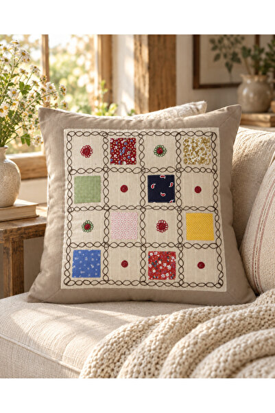 El Emeği Patchwork Desenli Dekoratif Kırlent Kılıfı – Country Rustik Tarz Ev Dekorasyonu