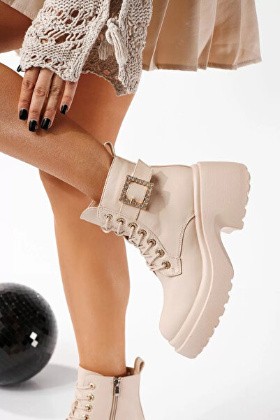 Zaira Women's beige fur boots made of eco- Leather Pixie #30506