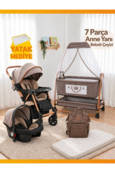 modabebekler 7 Parça Premium Anne Yanı Beşikli Bebek Çeyiz Seti, Travel Siste...