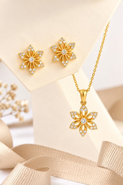 Siset Gümüş 925 Ayar Sarı Renk Zirkon Taşlı Yıldız Model Gümüş Set