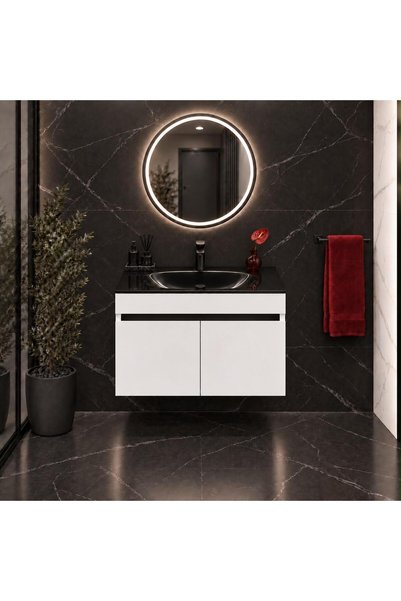 BENA Dandi Beyaz - Siyah Cam Lavabolu MDF Banyo Dolabı 80 CM