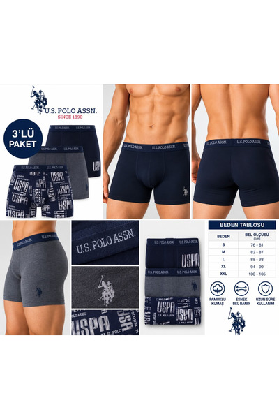 U.S. Polo Assn. Men's (Navy Blue-Navy Blue Melange-Printed), 3 Pieces of Boxers