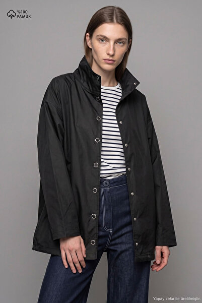 Hooopstore Dik Yaka Çıtçıtlı Oversize Siyah Ceket