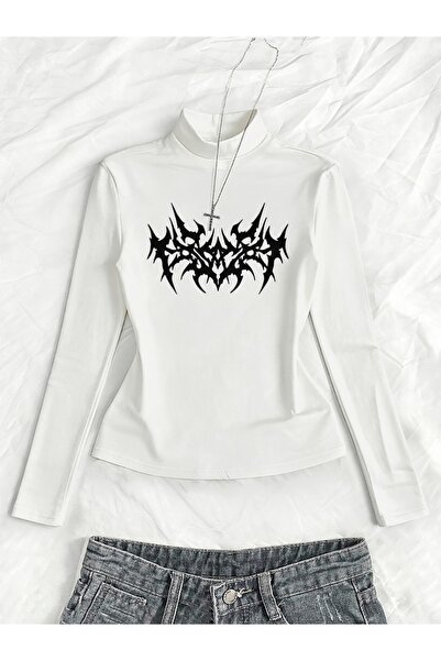 Toum Long Sleeve Gothic Graphic Printed Turtleneck Blouse Body