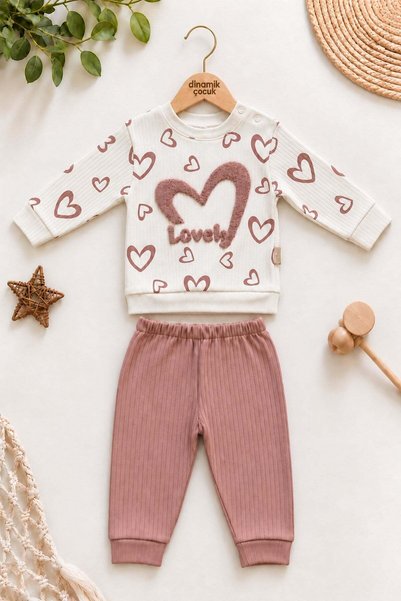 dinamik çocuk Baby girl heart patterned lovely embossed embroidered ribbed sw...