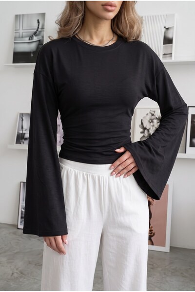 Teenage Millionaire Women's Black Crew Neck Waist-Fitted Spanish Long Sleeve ...