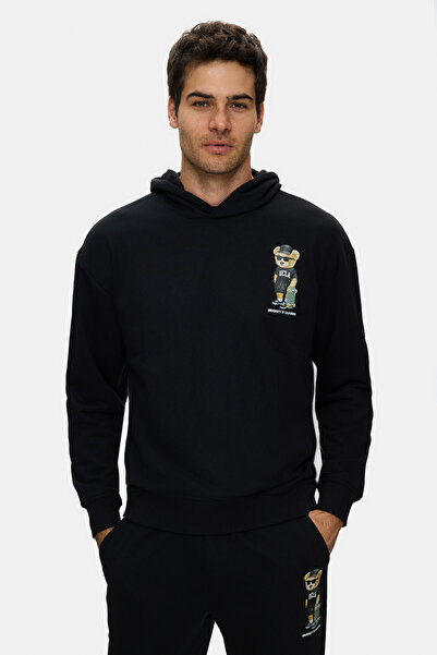 UCLA SAVIO Siyah Kapüşonlu Pamuklu Baskılı Loose Fit Erkek Sweatshirt