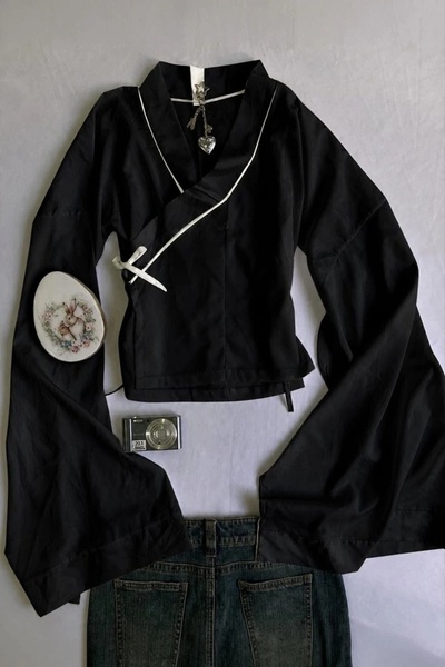 ARS Butik China Style Black and White Qipao Stripe Detail Y2K Long Sleeve Cro...