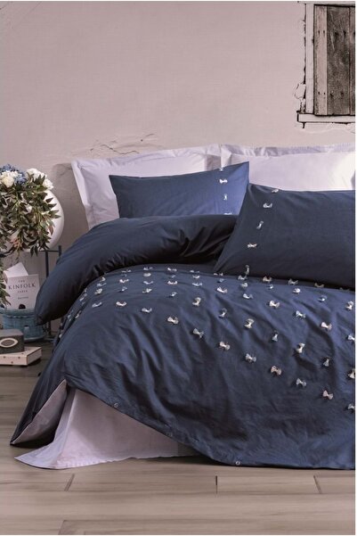 Cotton Box Rf Brode Embroidered -Gina Navy Blue- Double Duvet Cover Set (with...