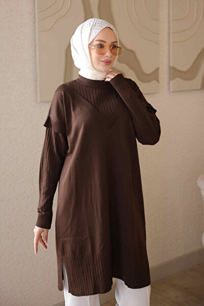 İmajButik Brown Collar Detailed Mercerized Knitwear Tunic