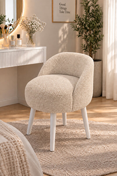 ygdecor Lüks Bukle Makyaj Koltuğu Beyaz Ahşap Ayaklı Çok Amaçlı Tasarım Puf v...