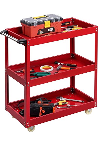 PRO707 PRO7 Tool Cart - 3 Tier, Red - Metal Tool Storage Organizer with Durab...
