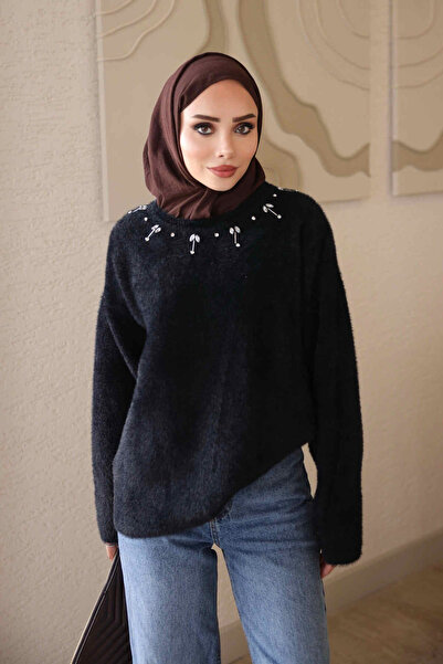 İmajButik Black Crew Neck Stoned Angora Soft Knit Sweater