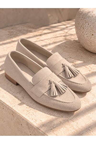 GNY AYAKKABI Gny Women's Beige Suede Look Tasseled Loafer Moccasin Shoes