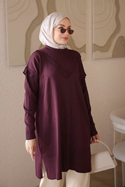 İmajButik Mürdüm Kol Yaka Detaylı Merserize Triko Tunik