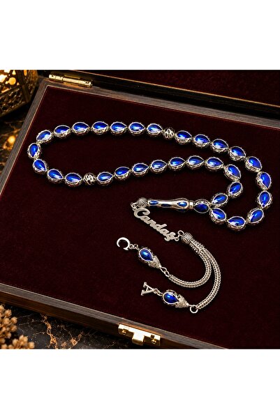 KANUNİ TESBİH Gift for Spouse, Metal Prayer Beads with Blue Enamel Embellishe...