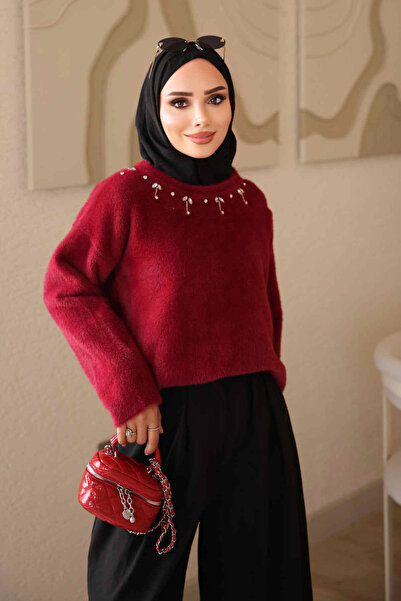 İmajButik Burgundy Crew Neck Stoned Angora Soft Knit Sweater