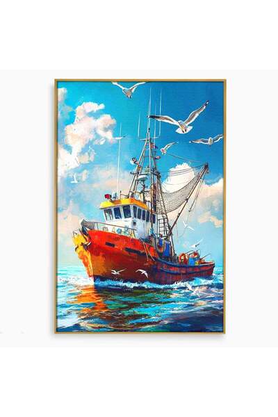 Luxcanva Tablou Canvas Vaporul Pescarilor 100x150 cm cu Rama Auriu Pescador P...