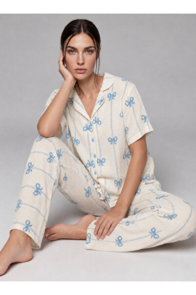 FİT WOMEN Women's Short Sleeve Bow Patterned Blue Pajama Set 4771