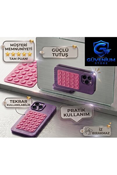 Silikon Vantuzlu Telefon Tutacağı Güçlü Tutuş Ve Güvenli Vakum: Ayna, cam, fayans gibi tüm pürüzsüz yüzeylere güçlü bir şekilde tutunur, telefonunuzu güvenle sabitler.