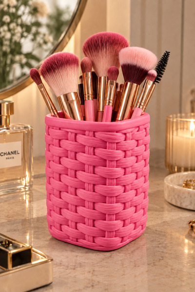 Belupa Basket Textured Decorative Makeup Brush Holder Organizer Pen Holder 13 cm