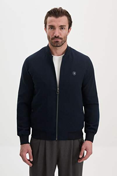 Mcr Striped Slim Fit Judge Collar Zippered Men's Coat Navy Blue - 39694.26K