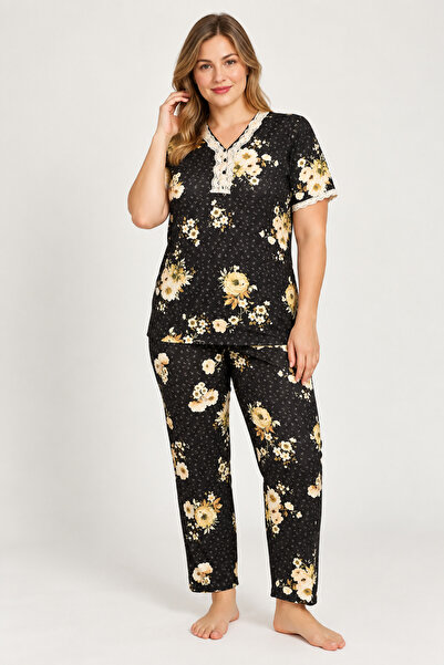 BOYRAZ Women's Big Size Pajamas, short sleeves, long pants, brown color, Flor...