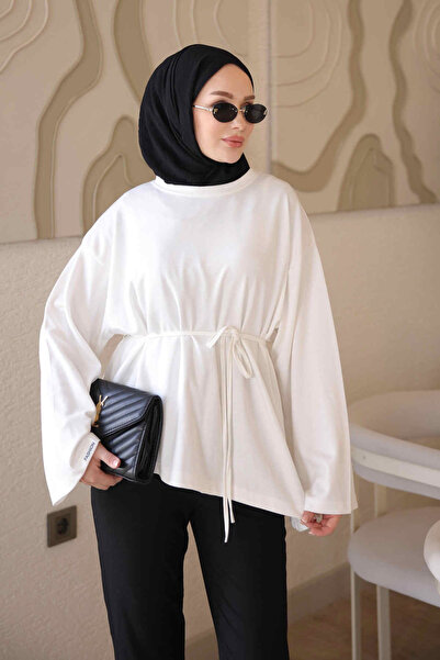 İmajButik Ecru Asymmetrical Cut Tunic with Tie at the Waist