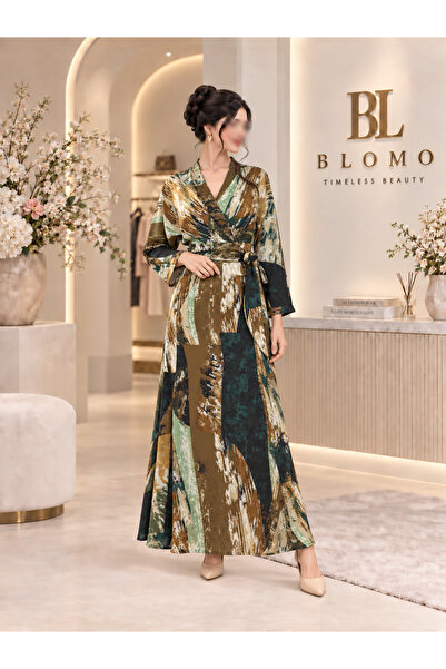 BLOMO فستان حريري بتصميم ملفوف ونقوش تجريدية دافئة