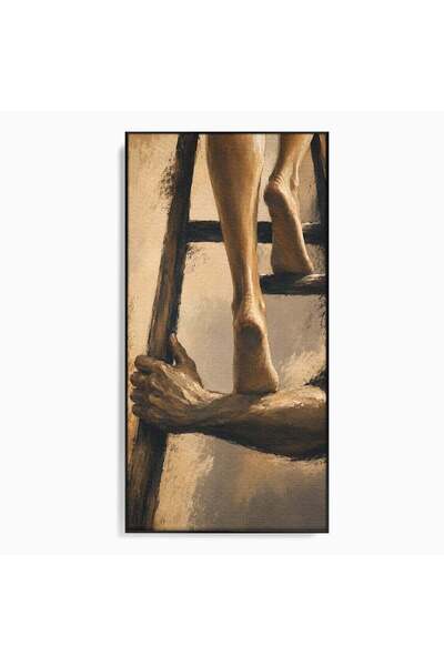 Luxcanva Tablou Canvas Urcarea Pe Scara 70x140 cm cu Rama Negru Pasi Maini Pi...