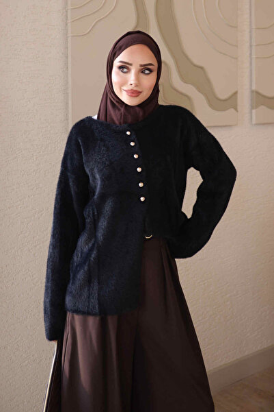 İmajButik Black Buttoned Angora Soft Knit Cardigan