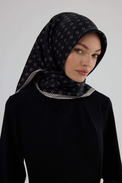 İpekhan Twill Silk Scarf 53005 Gray Black