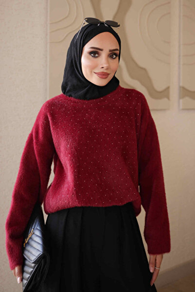 İmajButik Burgundy Crew Neck Stoned Angora Soft Knit Sweater