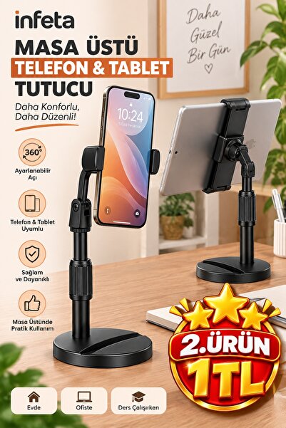 İnfeta Black Adjustable Desktop Phone and Tablet Holder Telescopic Stand