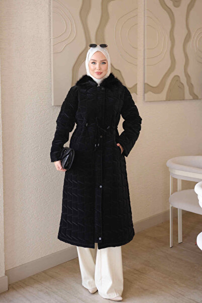 İmajButik Siyah Bel Bağlamalı Yaka Kürklü Kapitone Uzun Mont