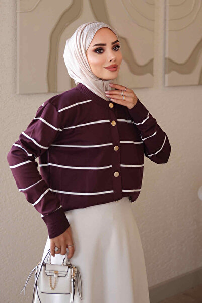 İmajButik Plum Striped Cold Yarn Knitwear Cardigan