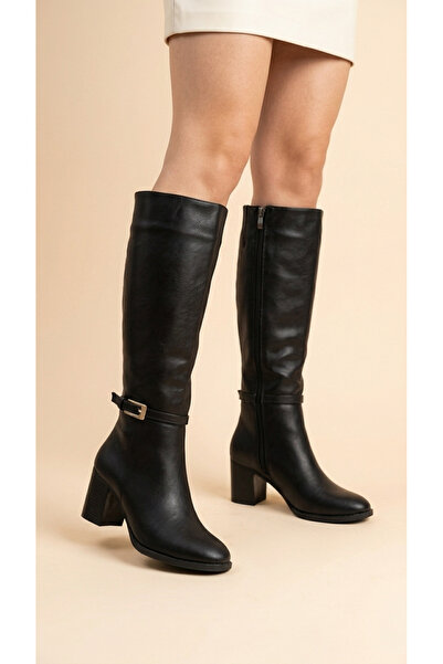 Moda Lime Women's Leather Look Zippered Buckle Thick Heeled Winter Below-Knee...