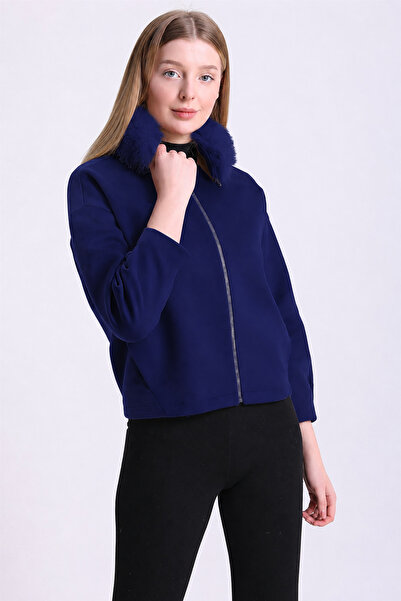 Leather Club Navy Blue Cashmere Jacket with Fox Accessories