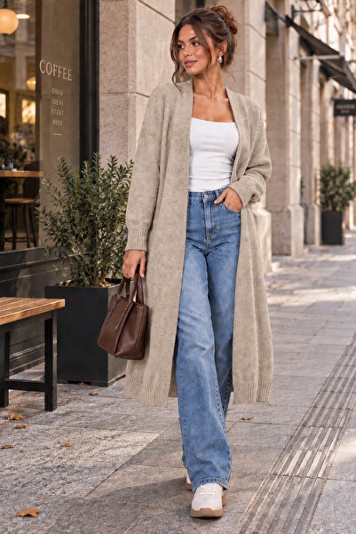 citycenterfashion كارديجان نسائي طويل بياقة عالية ونسيج عادي cty-abr-7640