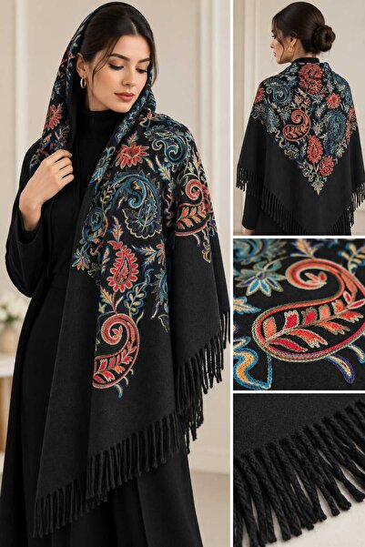 tomrisboutique Embroidered Cashmere Wool Shoulder Shawl 70 X 200 cm Floral Et...