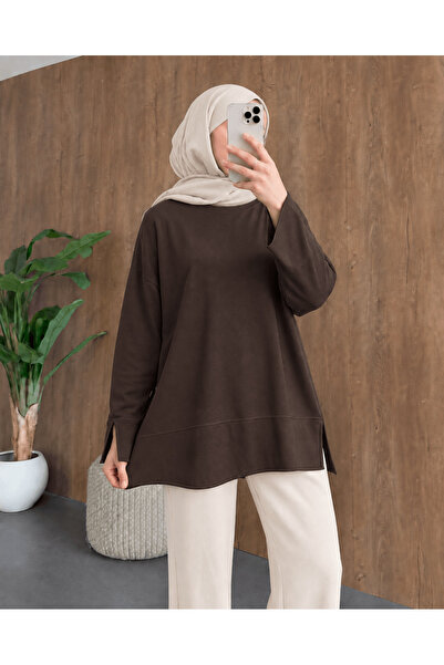 Hepsi Moda Bisiklet Yaka Yırtmaç Detaylı Bluz Acı Kahve