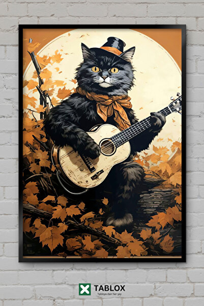 tablomaxtbx Pisică Neagră Muziciană, Tablou Decorativ Încadrat din MDF cu Art...