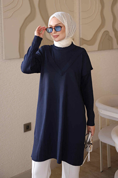 İmajButik تونيك تريكو ميرسيريزد بتفاصيل ياقة على شكل حرف V باللون الأزرق الداكن