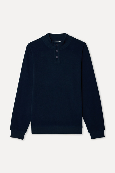 Mudo Men's Navy Blue Buttoned Stand Collar Sweatshirt