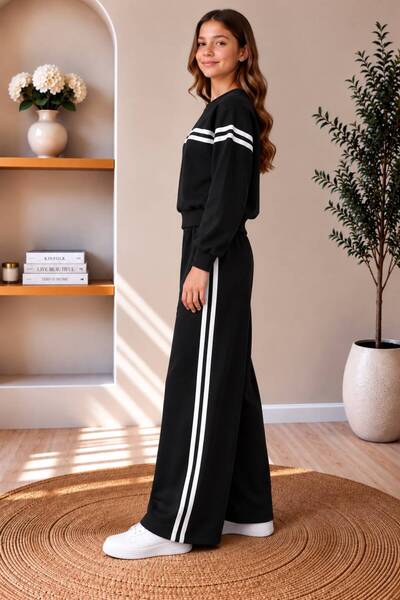 wees mod Kadın Pudra Çizgili Oversize Seweatshirt Ve Bol Paça Eşofman Altı 2'li Takım